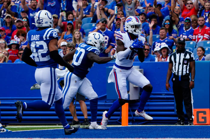Buffalo Bills receiver Tyrell Shavers catches a touchdown pass in a preseason game against the Indianapolis Colts at Highmark Stadium on Aug. 12, 2023.